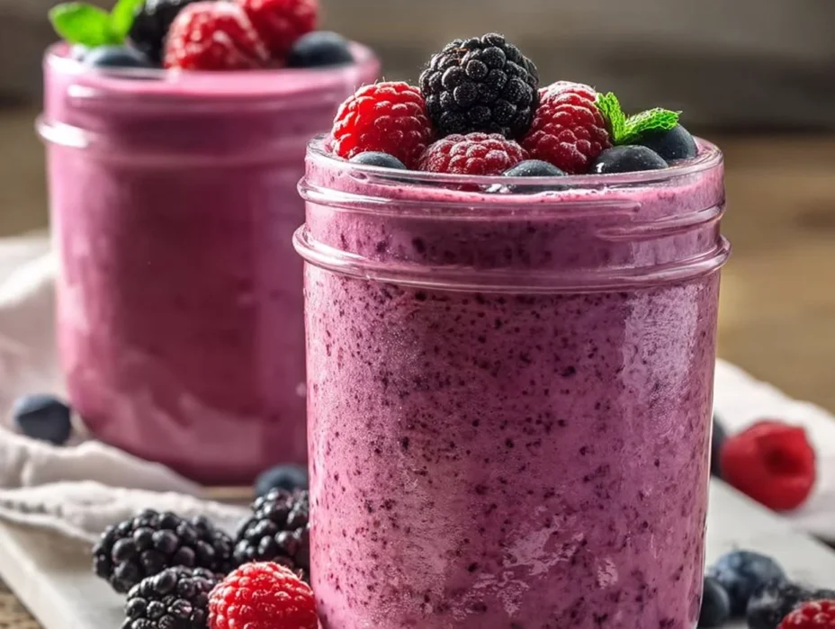 Berry Protein Smoothie with fresh berries and protein powder, healthy drink