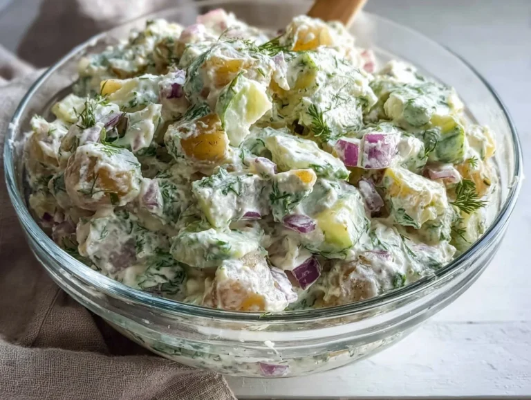 Delicious Crispy Smashed Potato Salad topped with fresh herbs and spices