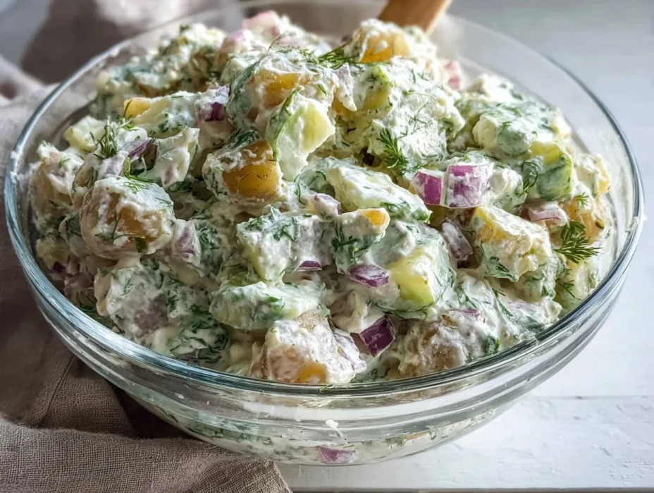 Delicious Crispy Smashed Potato Salad topped with fresh herbs and spices