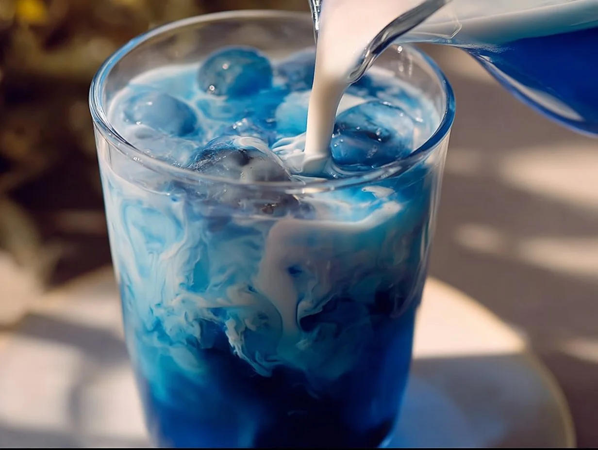 A refreshing glass of Butterfly Pea Tea with a vibrant color and garnished with lemon.