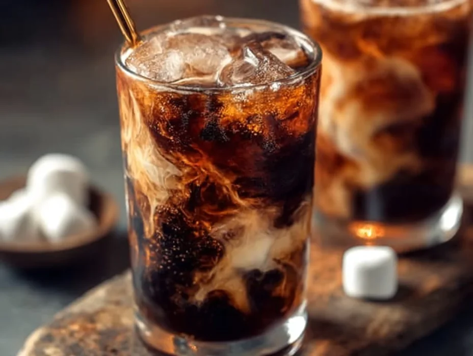 A refreshing glass of Campfire Cola Dirty Soda garnished with ice and citrus.