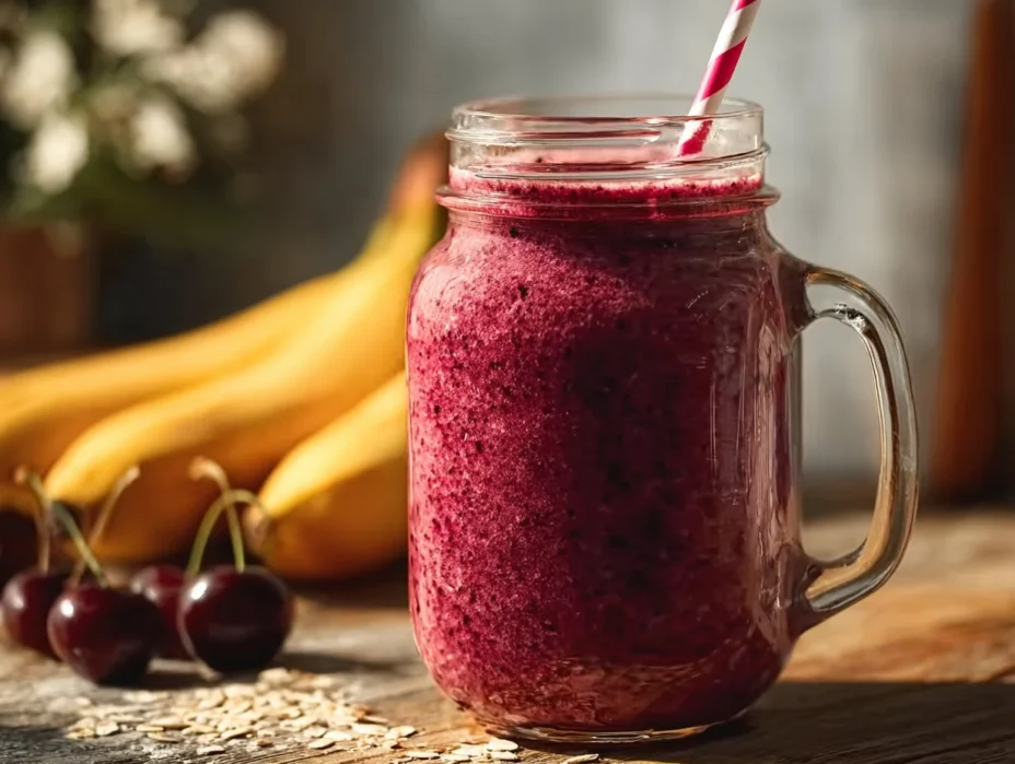 A vibrant cherry smoothie in a glass with fresh cherries and mint leaves.