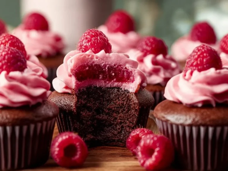 Delicious chocolate raspberry cupcakes topped with fresh raspberries and chocolate frosting.