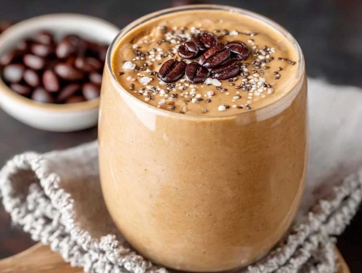Delicious creamy coffee smoothie topped with chocolate shavings and whipped cream.
