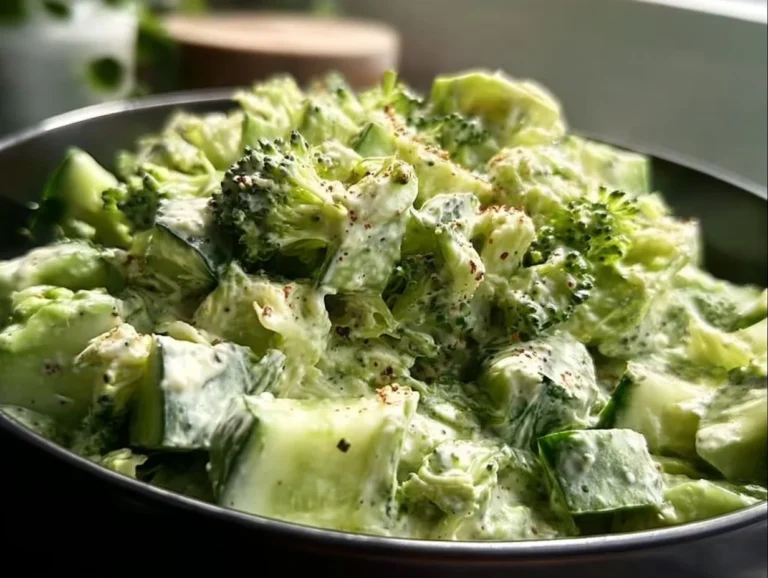 Creamy cucumber avocado broccoli salad in a bowl