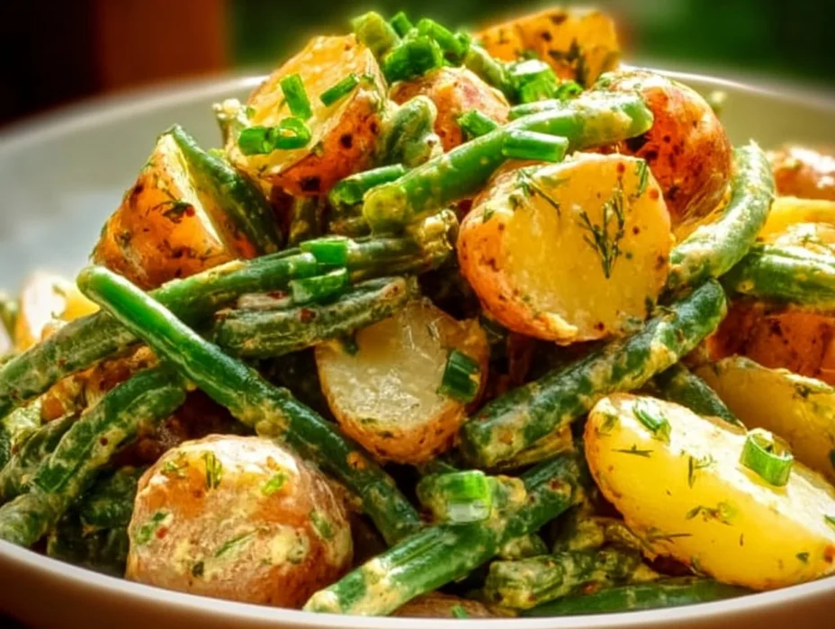 Creamy green bean potato salad dish with fresh ingredients