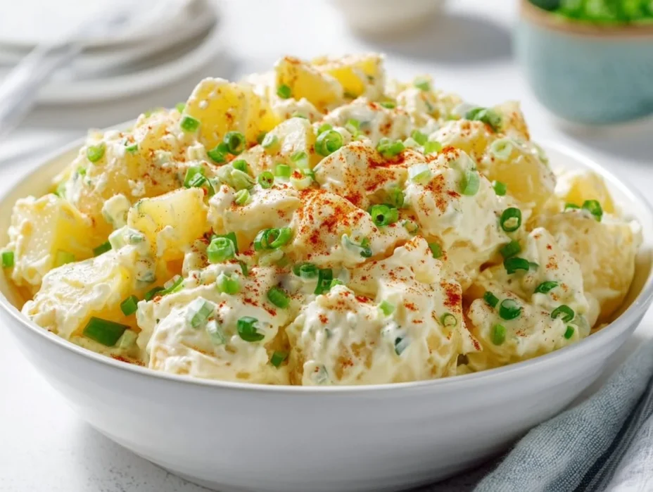 Creamy potato salad with herbs and vegetables in a bowl