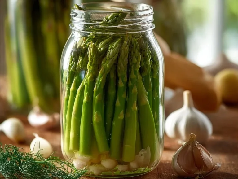 Crisp pickled asparagus in a jar, perfect for snacking and meal prep.