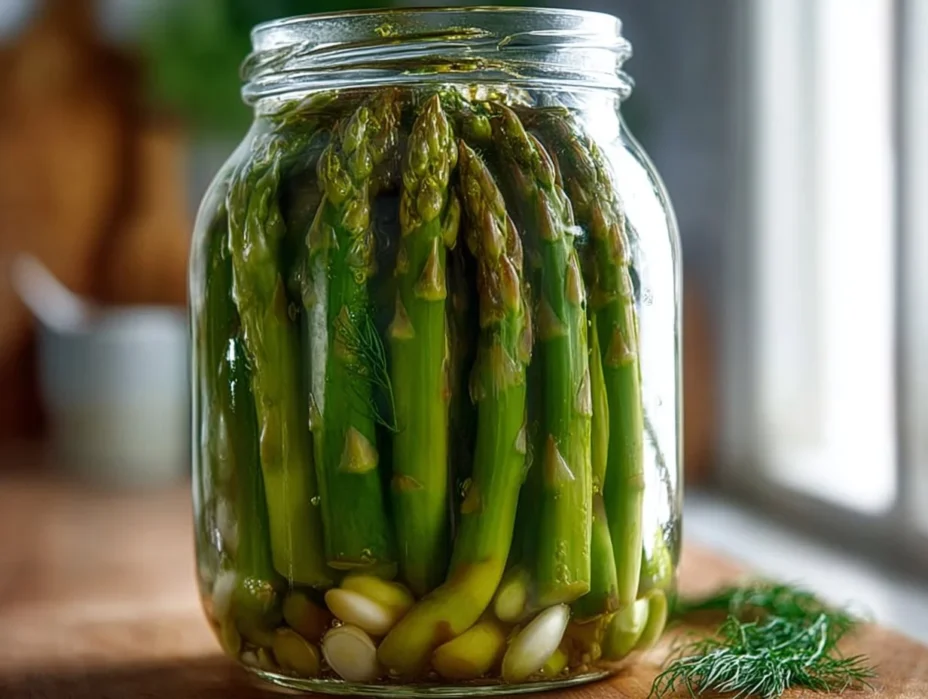 Crisp pickled asparagus in a jar, perfect for snacking and meal prep.