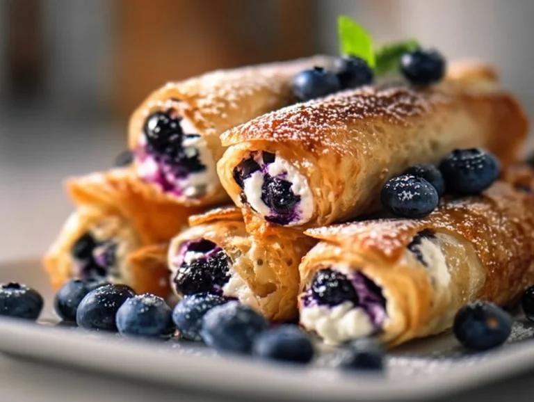 Crispy Keto blueberry cream cheese roll-ups on a plate with fresh blueberries