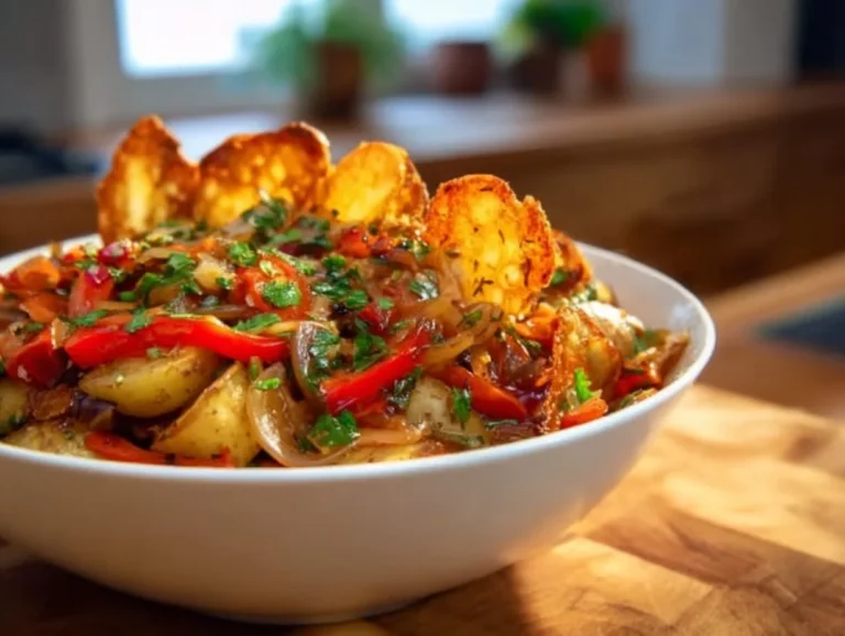 Crispy potato salad with fresh ingredients and a crunchy texture.