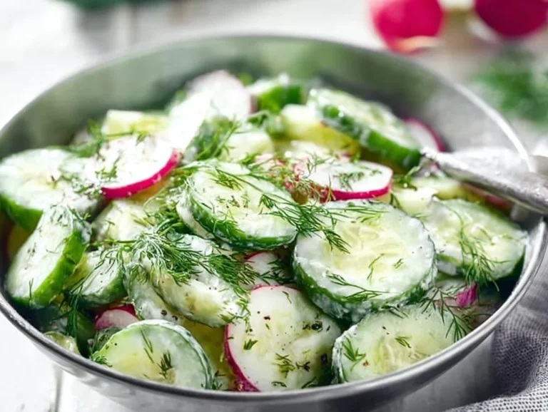 Bowl of Cucumber Dill Salad garnished with fresh dill and cucumber slices