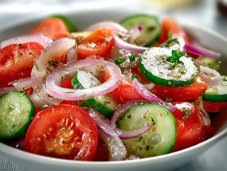 Fresh Cucumber, Onion, and Tomato Salad served in a bowl.