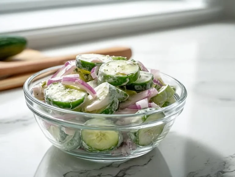 Fresh cucumber salad with herbs and dressing in a bowl.