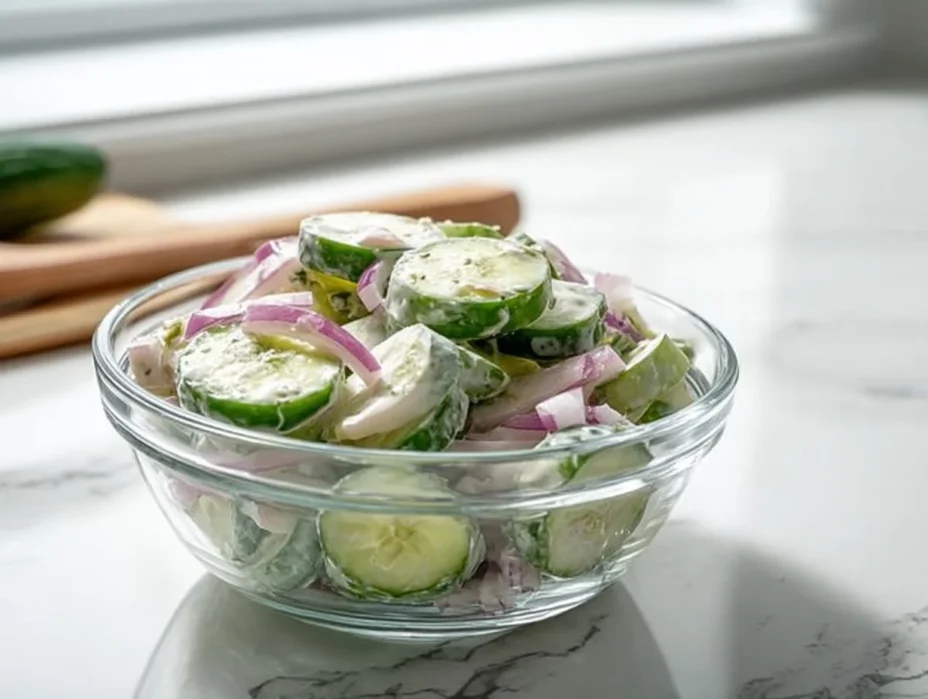 Fresh cucumber salad with herbs and dressing in a bowl.