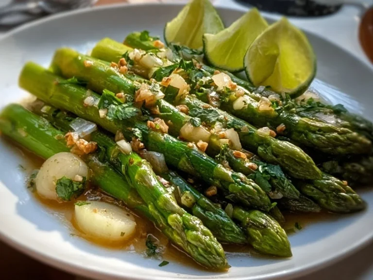 Plate of delicious sautéed asparagus garnished and ready to serve.