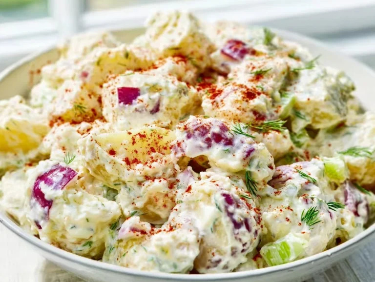 Delicious Dill Potato Salad garnished with fresh herbs.