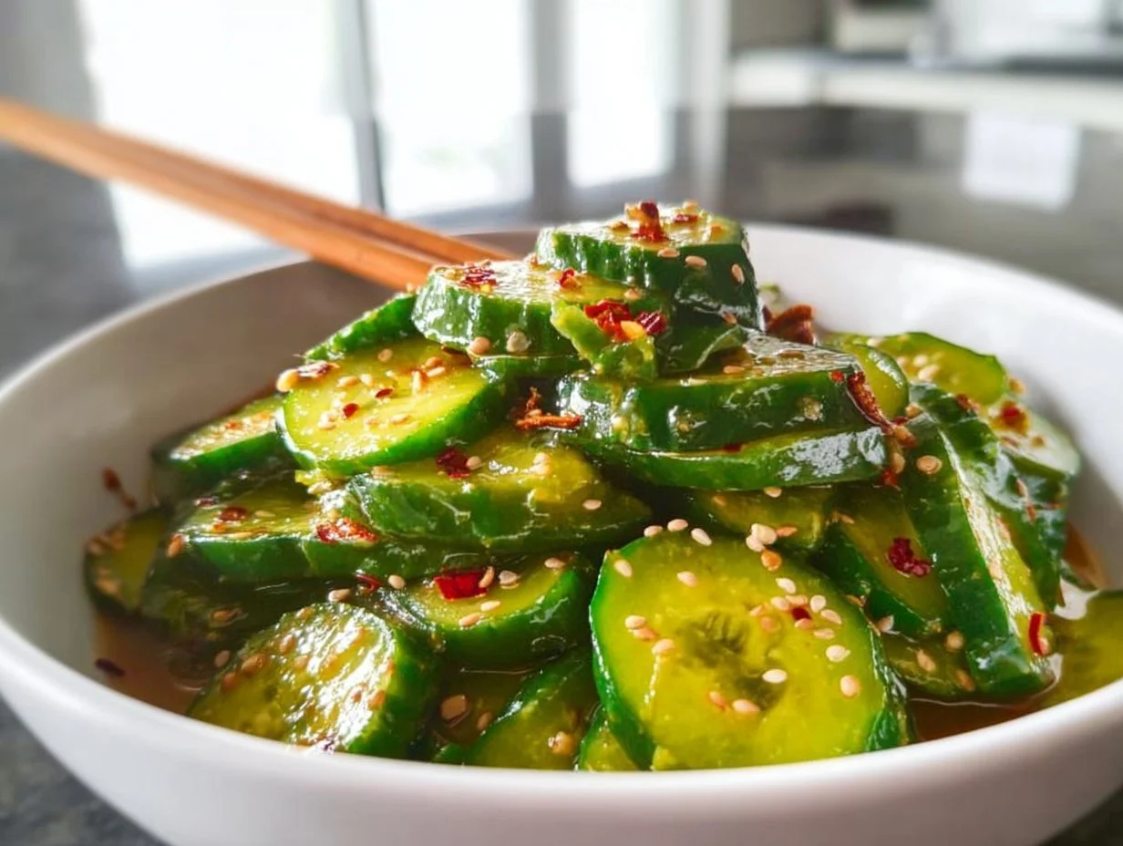 Fresh Asian cucumber salad in a bowl with sesame seeds and scallions