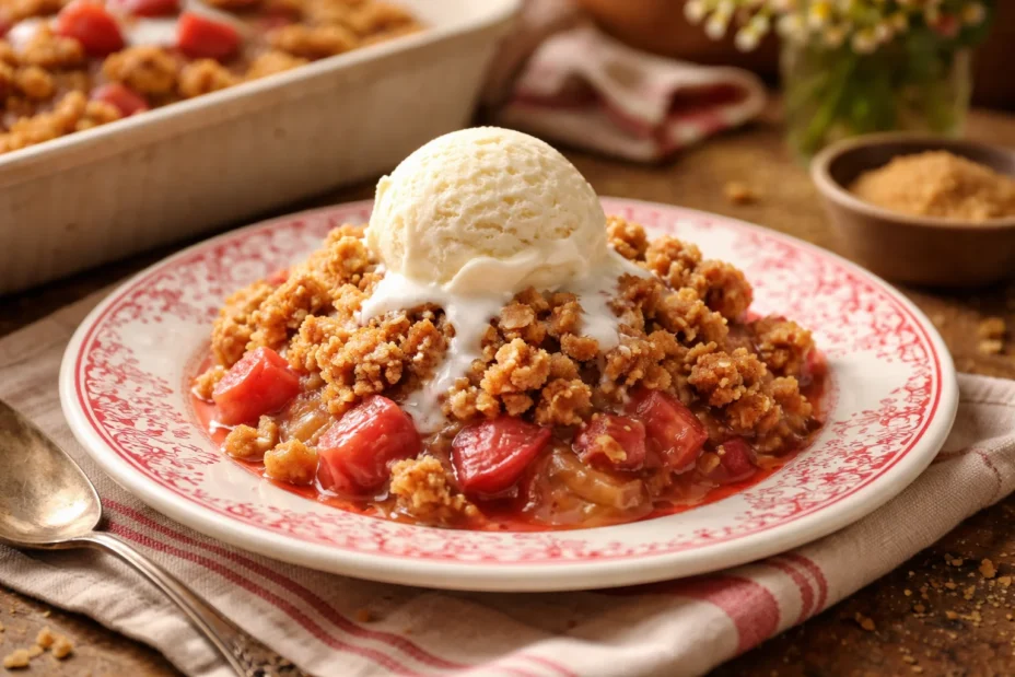 A warm rhubarb crisp topped with a crunchy oat mixture, served with ice cream.