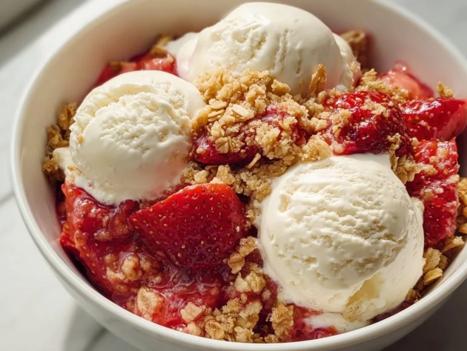 Delicious homemade easy strawberry crumble dessert served in a bowl