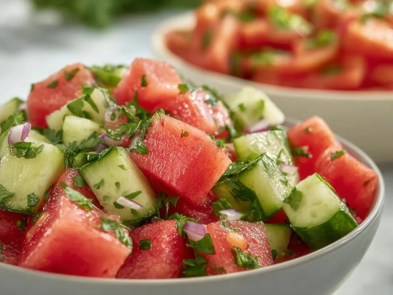 Bowl of easy watermelon cucumber salad with fresh ingredients.