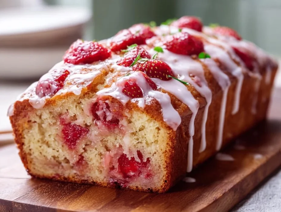Freshly baked glazed strawberry bread with vibrant strawberries