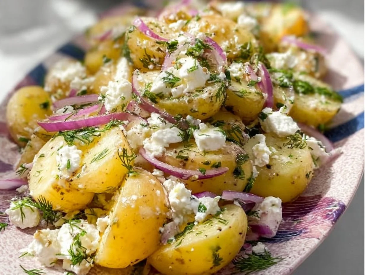 Bowl of Greek Potato Salad with olives, feta, and fresh herbs