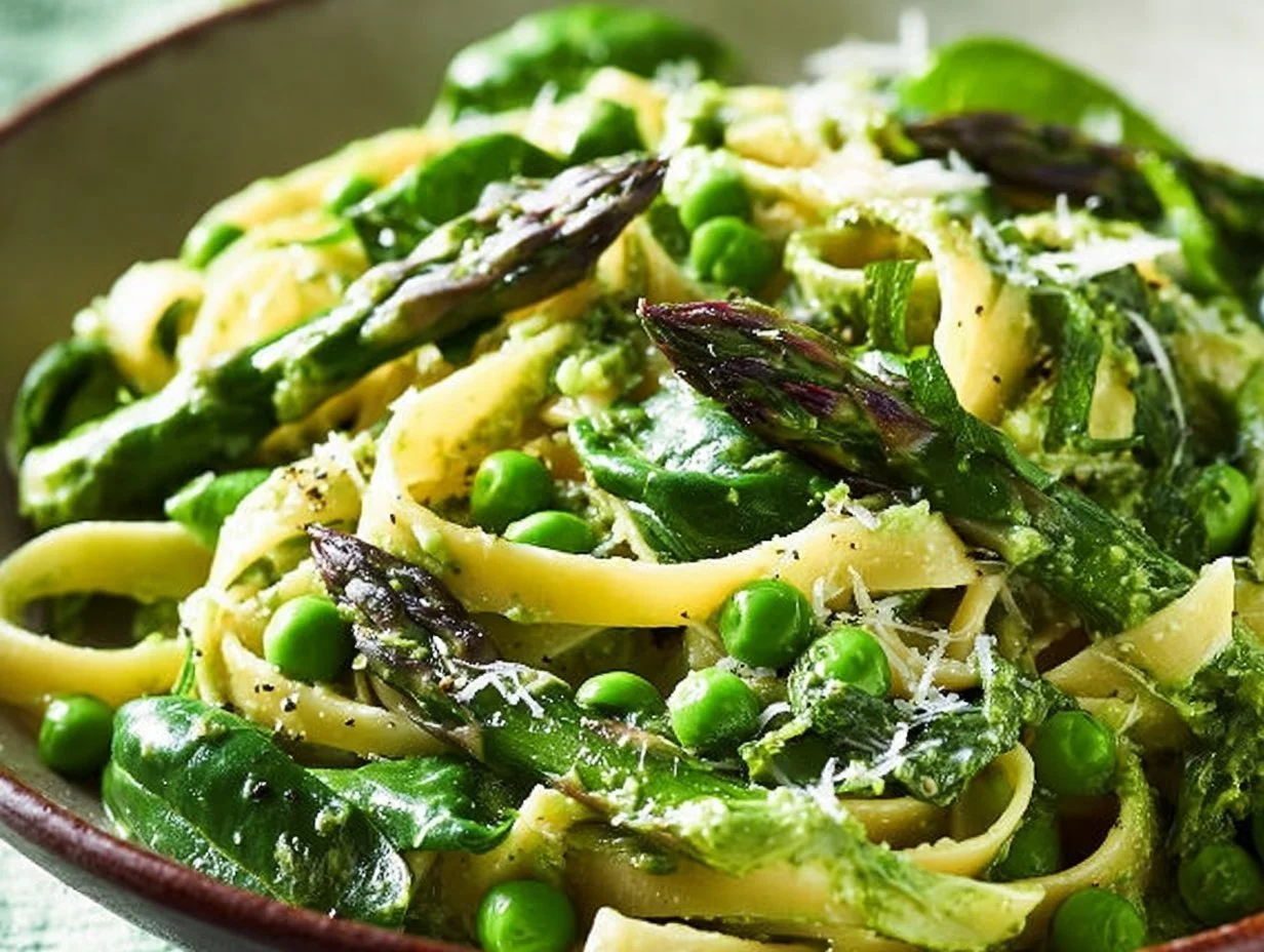 Plate of Green Goddess Fettuccine with fresh herbs and vegetables