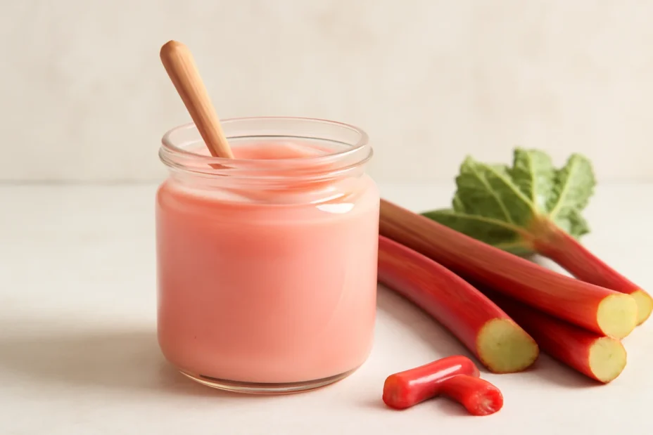 Creamy rhubarb curd in a jar, perfect for spreading on toast and desserts.