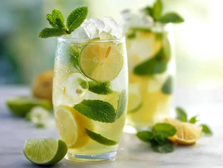 Iced green tea with lemon, lime, and mint served in a glass with ice.