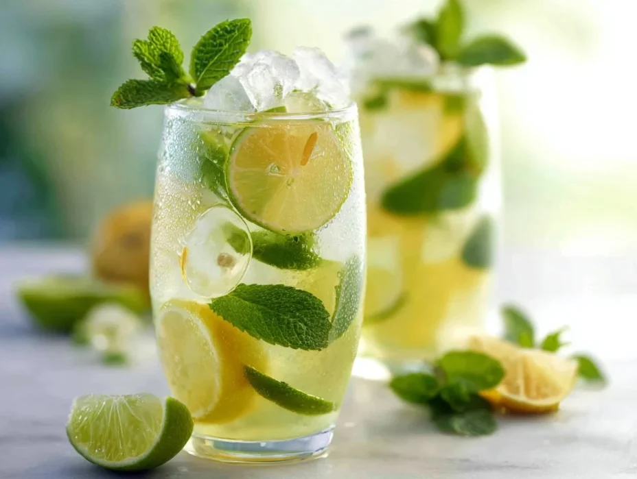 Iced green tea with lemon, lime, and mint served in a glass with ice.