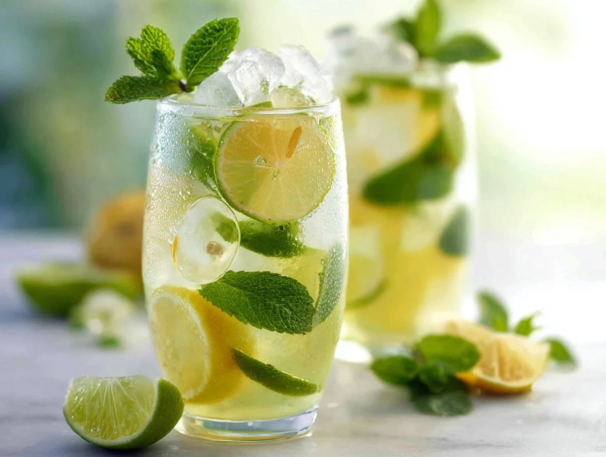 Iced green tea with lemon, lime, and mint served in a glass with ice.