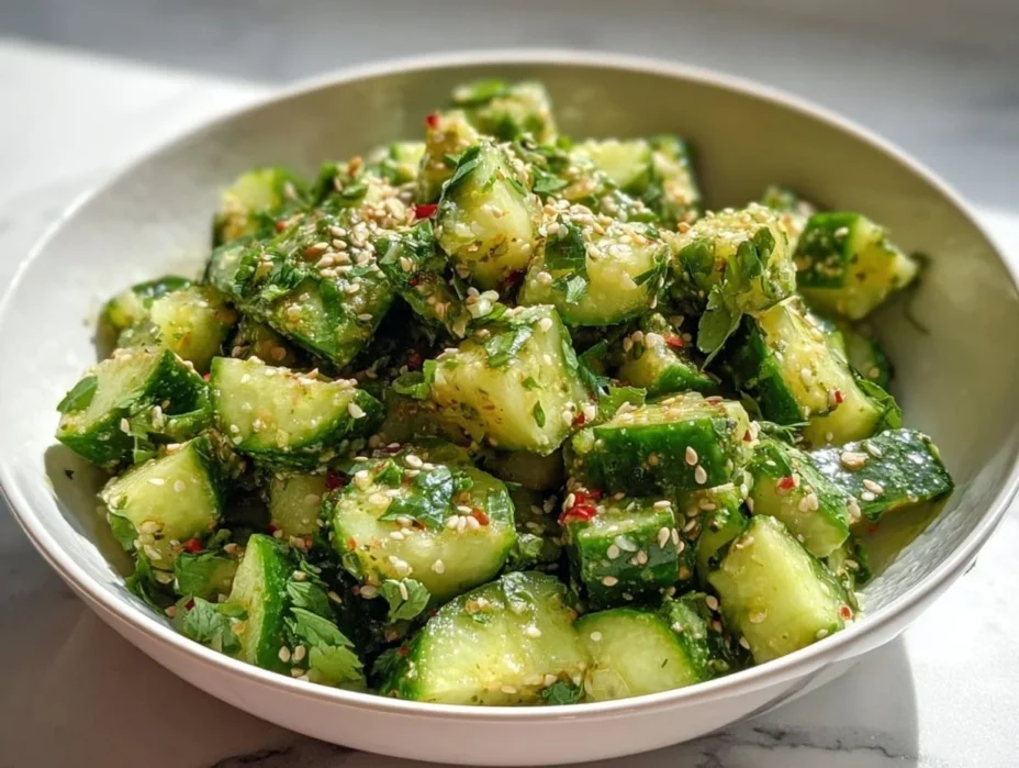 Fresh Indian Cucumber Salad featuring cucumbers, spices, and herbs.