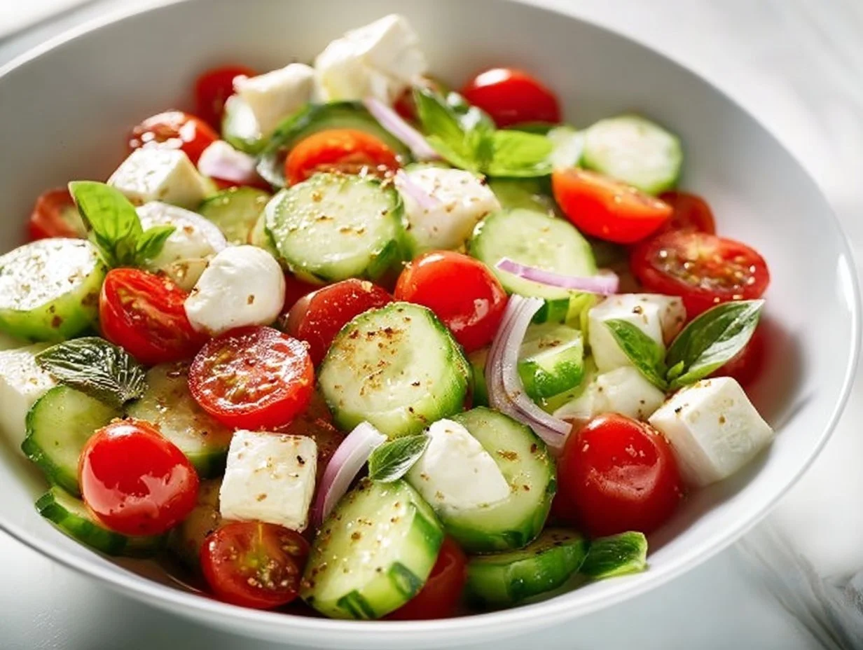 Juicy Cucumber Caprese Salad with fresh tomatoes and basil