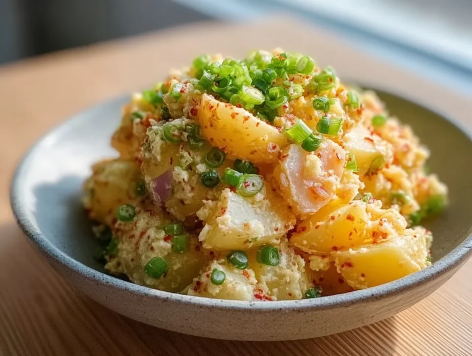 Bowl of Korean-style potato salad with colorful vegetables