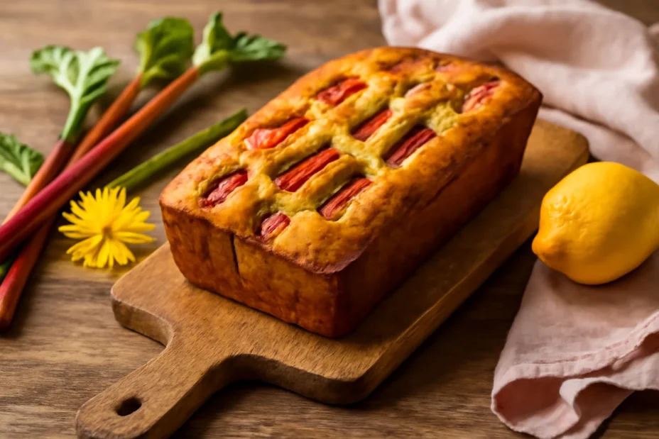 Slice of moist Lemon Rhubarb Bread with fresh rhubarb pieces and a citrus glaze.