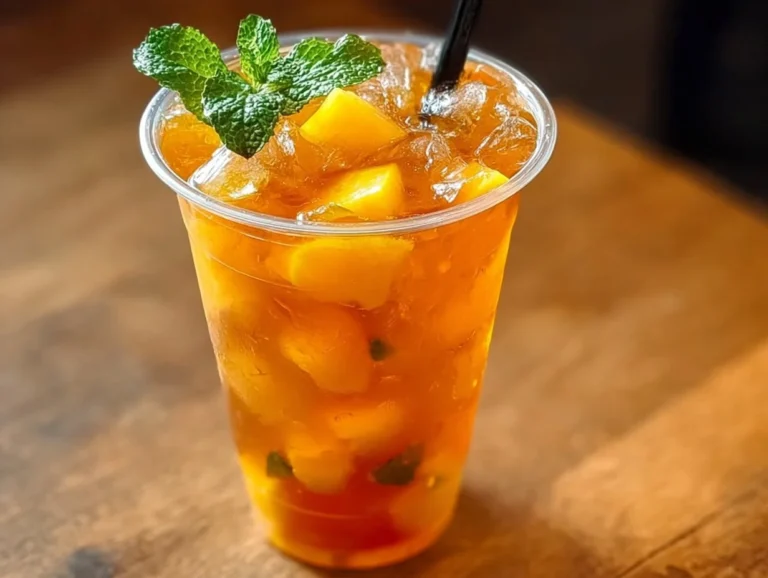 A refreshing glass of Mango Iced Tea with slices of fresh mango