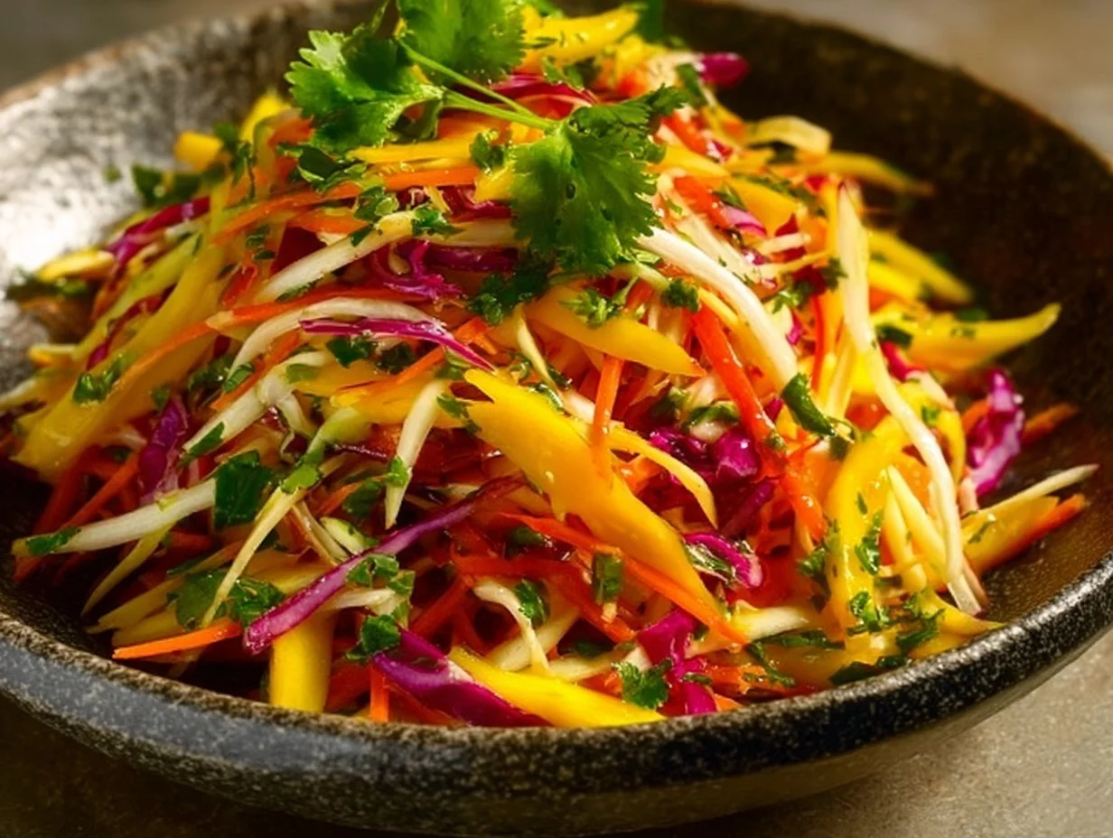Colorful Mango Slaw served in a bowl, showcasing vibrant summer ingredients.