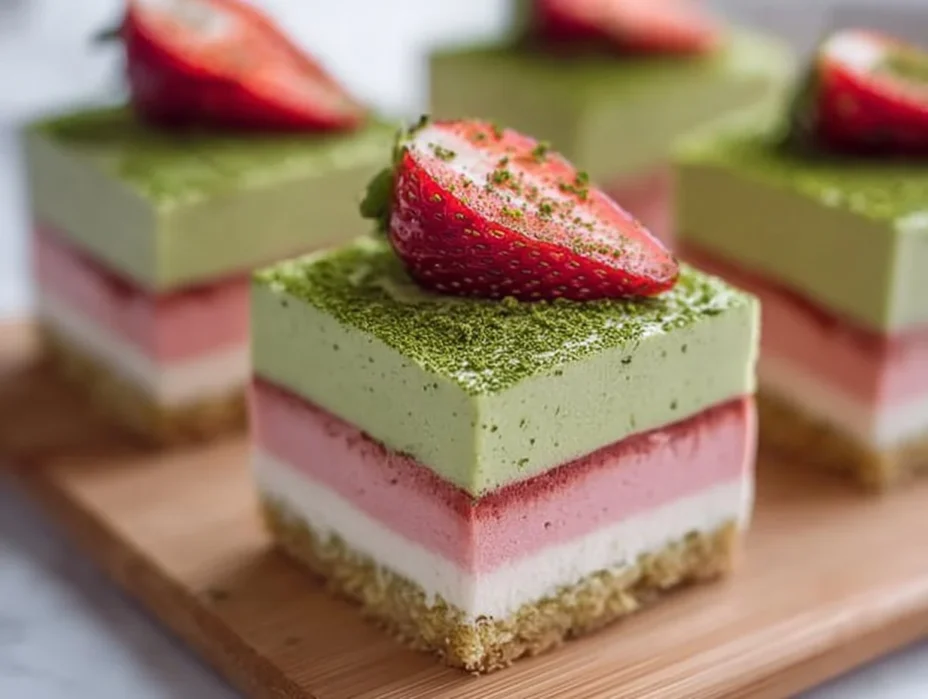 Delicious Matcha Strawberry Cream Bars on a wooden plate garnished with strawberries.