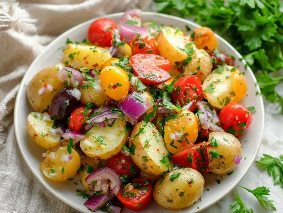 Mediterranean potato salad with fresh herbs and colorful vegetables