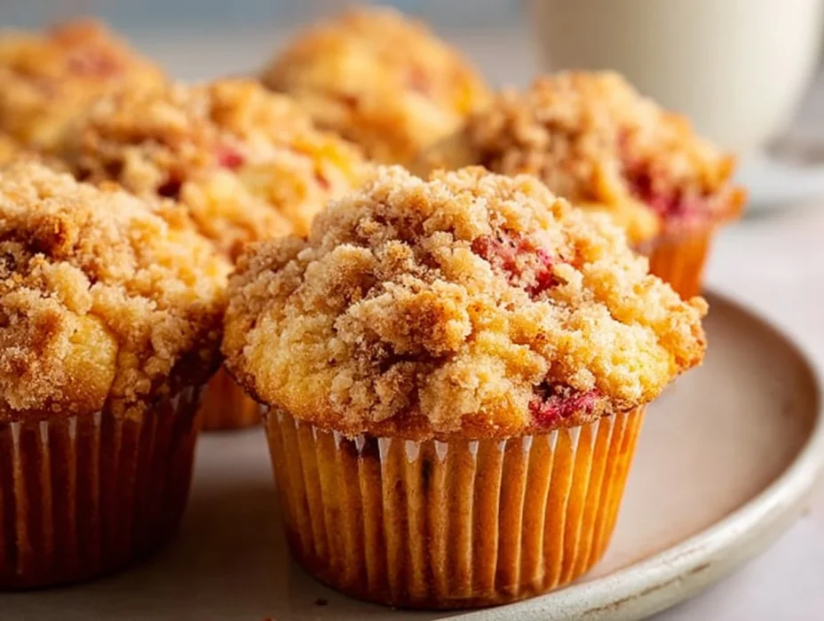 Moist strawberry rhubarb muffins freshly baked on a cooling rack