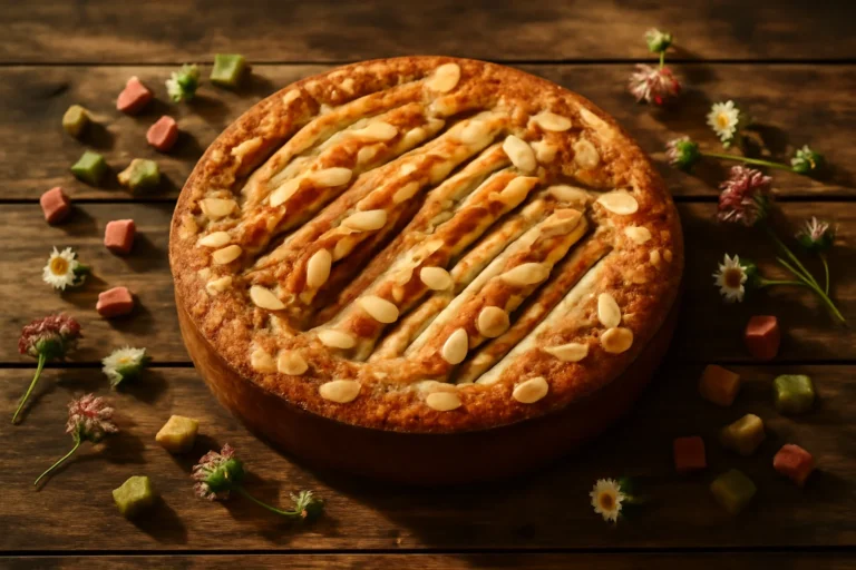 A slice of Norwegian rhubarb cake with soft crumb and crunchy almond topping.