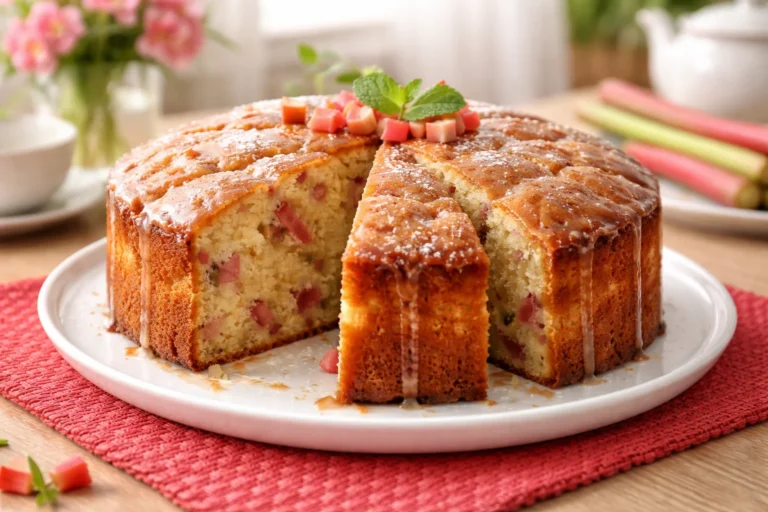 Delicious rhubarb cake with butter sauce served on a plate