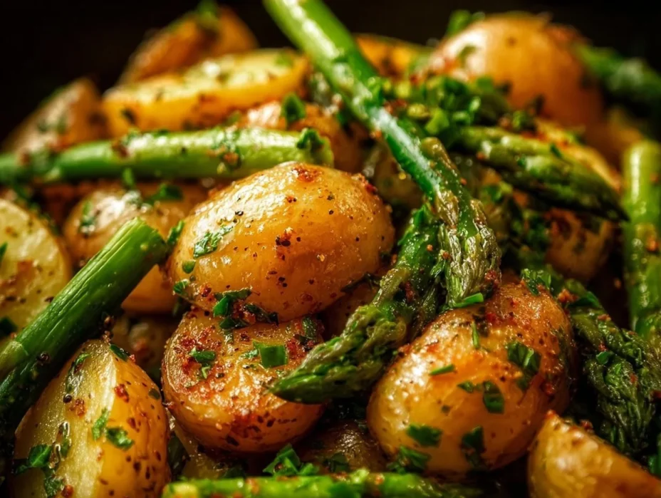 One-Pan Garlic Potatoes and Asparagus dish ready to serve