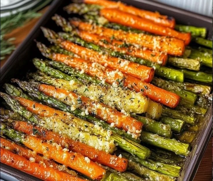 Oven-roasted asparagus and carrots served on a plate.