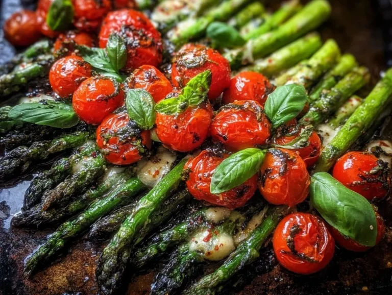 Bowl of Parmesan Roasted Asparagus garnished with herbs.