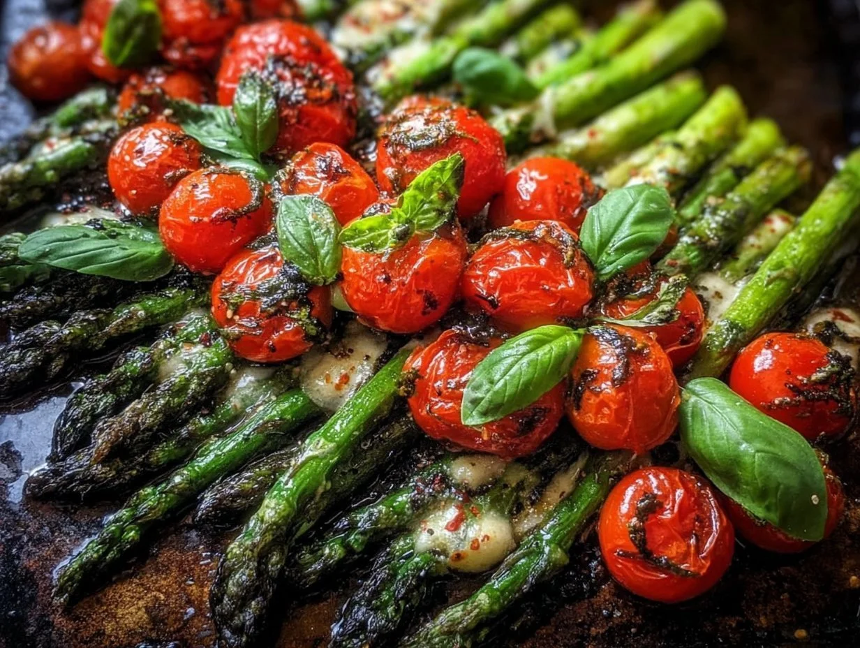 Bowl of Parmesan Roasted Asparagus garnished with herbs.