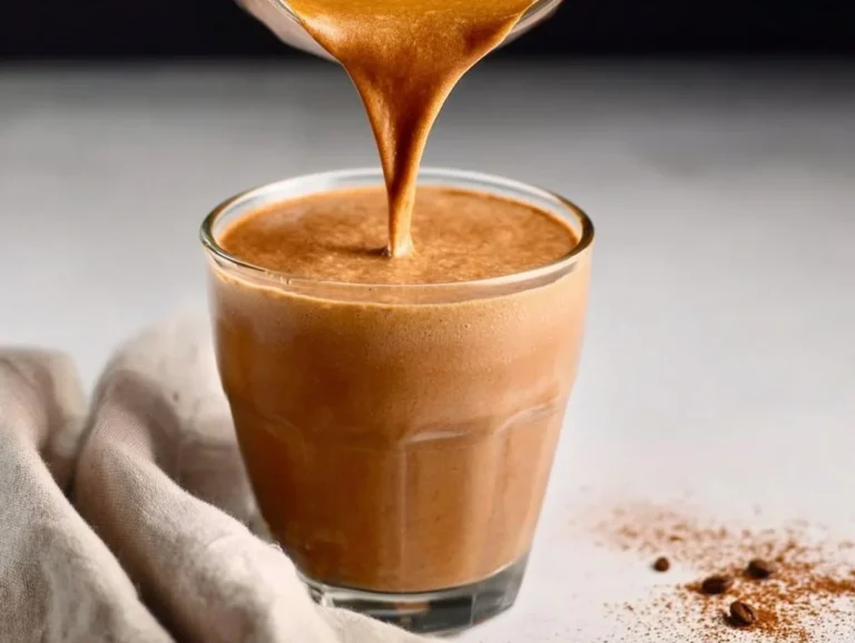 Delicious Peanut Butter Coffee Smoothie in a glass topped with coffee beans.