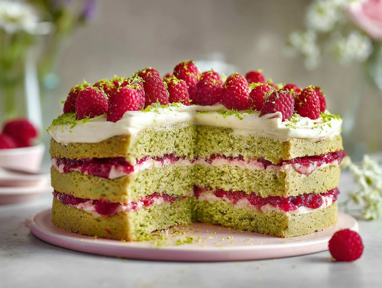 Slice of Raspberry Pistachio Cake with berries and nuts on a white plate