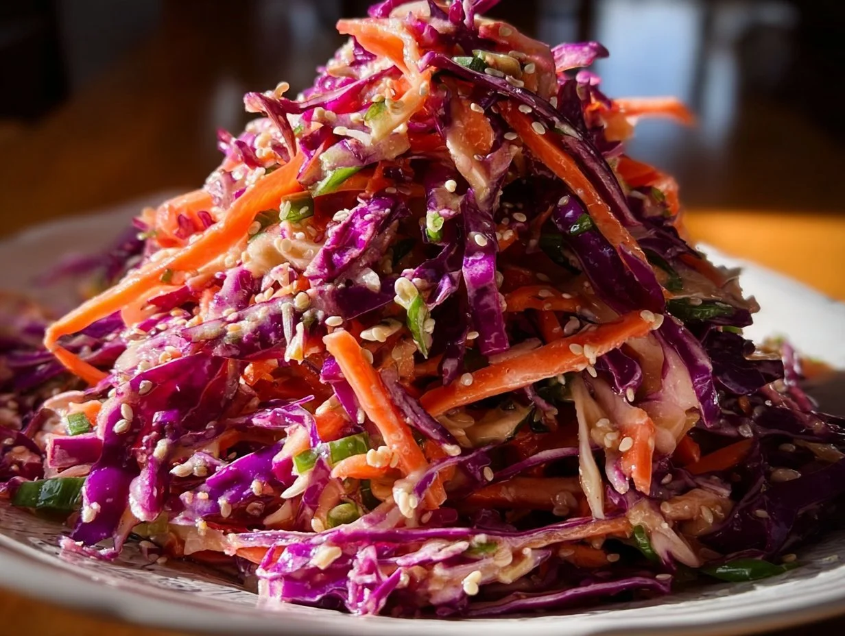 Red cabbage coleslaw topped with tahini ginger lime dressing in a bowl.